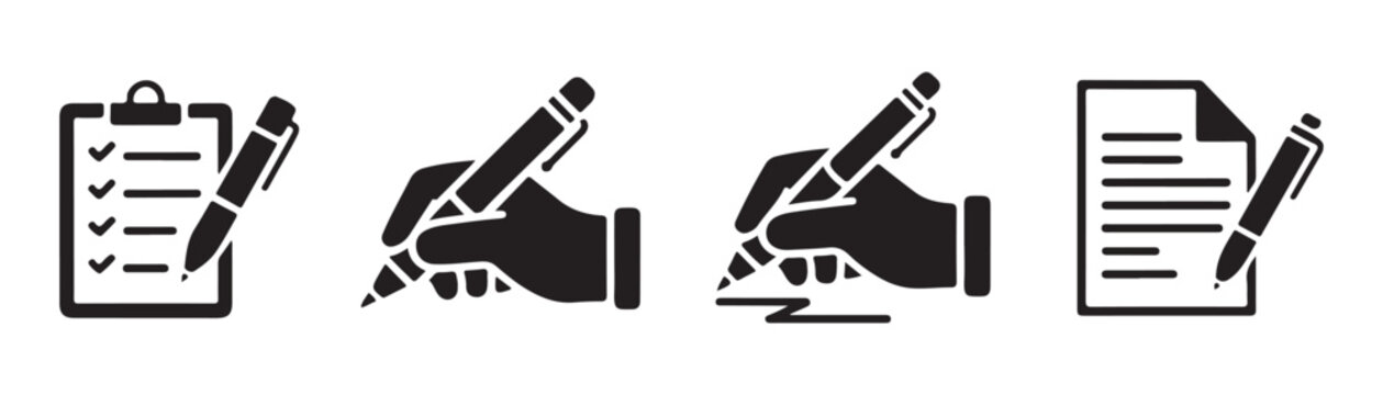 Hand writing and signing documents with pen icons for professional contract and survey execution.