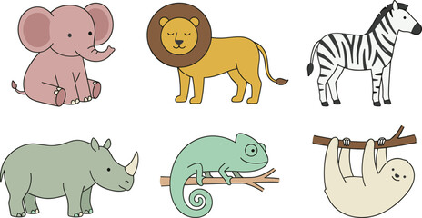 Fototapeta premium Cute Minimalist Safari and Jungle Animals Vector Clip Art Set Featuring Cartoon Elephant Lion Zebra Rhinoceros Chameleon and Sloth Icons