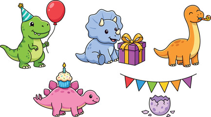Cute Kids Dinosaur Birthday Party Vector Element Set Featuring Cartoon Tyrannosaurus Rex Triceratops Brachiosaurus Stegosaurus Gift Box Cupcake and Bunting Flags © Rownok
