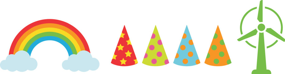 Rainbow with clouds, colorful party hats, and green wind turbine festive environmental concept vector artwork © Creative Stoker