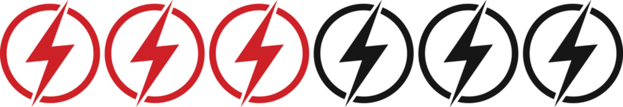Lightning bolt icon sequence with red and black circular energy power rating vector artwork