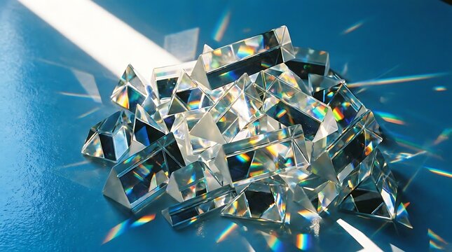 Heap of triangular glass prisms scattering bright spectrum rainbow light refractions on blue surface