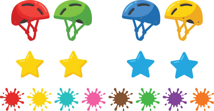 Helmet, star, and paint splatter colorful matching and sorting activity concept vector artwork