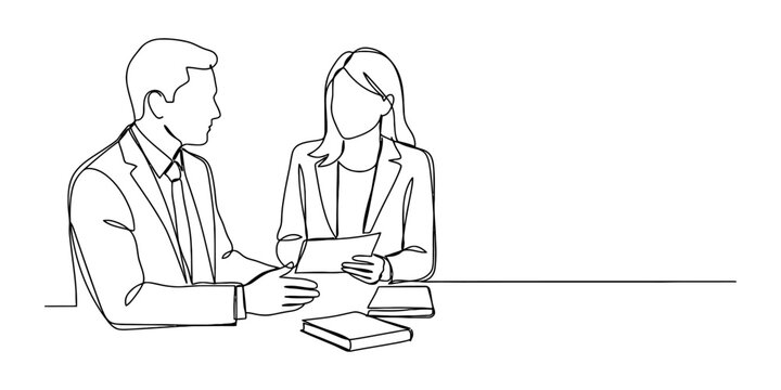 Business man and woman in suits sitting at a table having a professional meeting and discussing work documents in a continuous single line art drawing style Vector, illustration