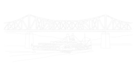 Fototapeta premium Modern suspension bridge over a river with a passing steamboat, minimalist white line art.