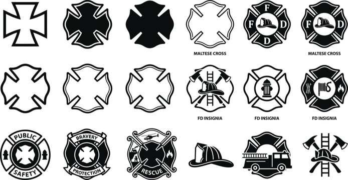 Firefighter Maltese Cross Symbols, Fire Department Badge and Emergency Service Emblem Collection

