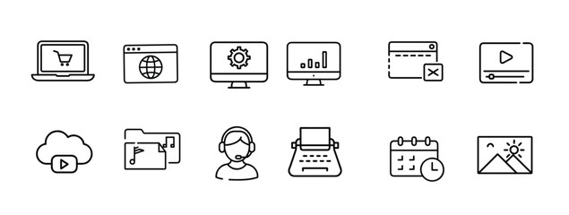 Web multimedia online business management web line icons set laptop shopping cart global browser monitor gear & more vector illustration with editable stroke © Purnima