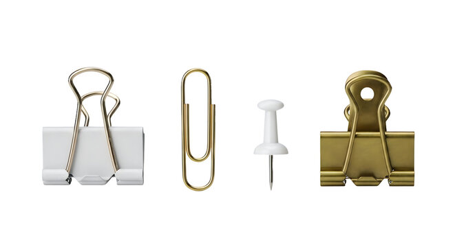 Gold and white office clips and push pin isolated on a transparent background