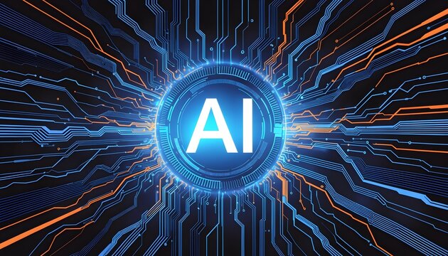 Artificial intelligence concept with glowing blue circuitry and orange data flow lines