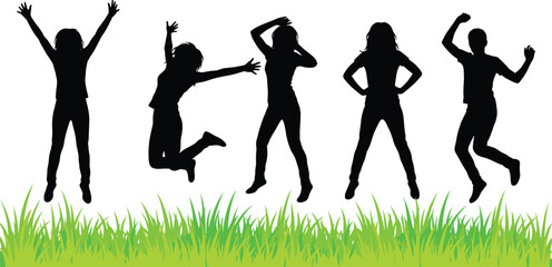 Vector illustration of five jumping female silhouettes over green grass representing outdoor activity freedom energy and happiness © Creative Stoker