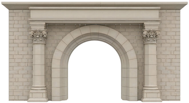 Stone archway with columns and brick wall isolated on a transparent background