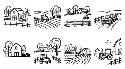 Obraz premium Farm Vector Icons: Tractors, Barns, Fields, and Hay Bales - Hand-drawn Outline Style
