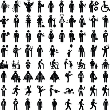 Set of diverse profession and occupation stick figure icons representing various jobs and daily activities
