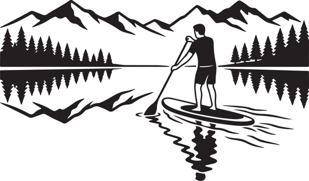 Stand up paddleboarder, lake landscape, black silhouette, outdoor recreation, water sports