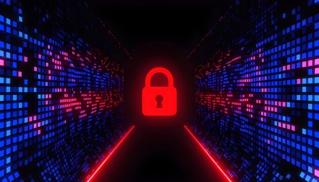 A glowing red padlock floating in a dark digital tunnel made of blue and pink pixels