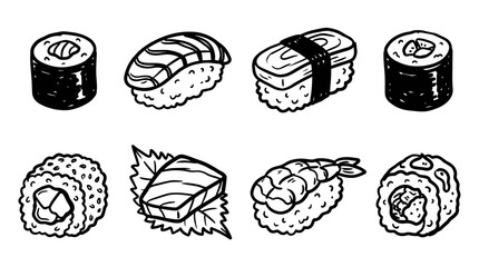 Hand-drawn sushi assortment illustration, black and white, Japanese food icons © Wagiman Studio