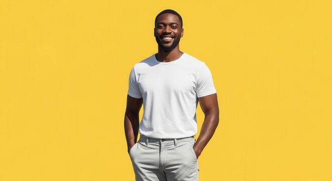 Happy smiling Black man in white t-shirt and grey pants