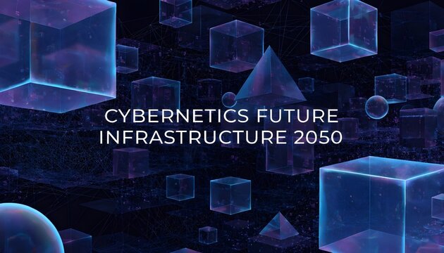 Cybernetics future infrastructure 2050 concept with glass geometric shapes and data