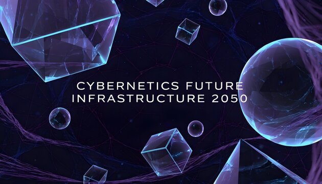 Abstract cybernetics future infrastructure 2050 with floating geometric glass shapes