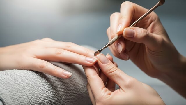 Manicurist caring for client nails cuticle