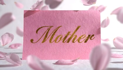 Pink card with gold mother text surrounded by falling soft pink flower petals in light