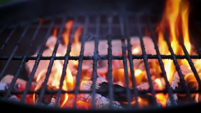 BBQ grill flames smoke close-up slow motion summer loop, fire licking grates with drifting smoke and glowing embers, sensory cookout footage for July 4th grilling brand video content.