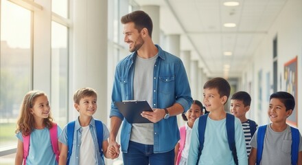 Obraz premium Teacher leading happy students down school hallway