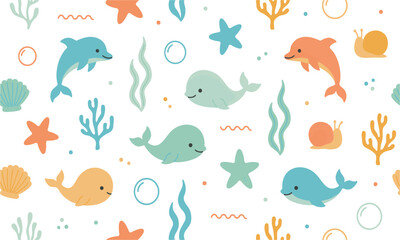 Naklejka premium Pastel Underwater Animal And Coral Repeat Pattern.
