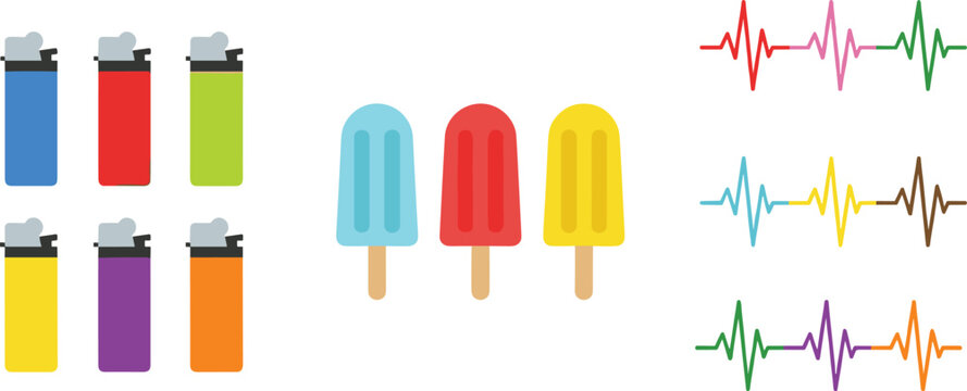 Colorful vector illustration of lighters popsicles and abstract waveforms representing modern lifestyle creativity and vibrant design concept