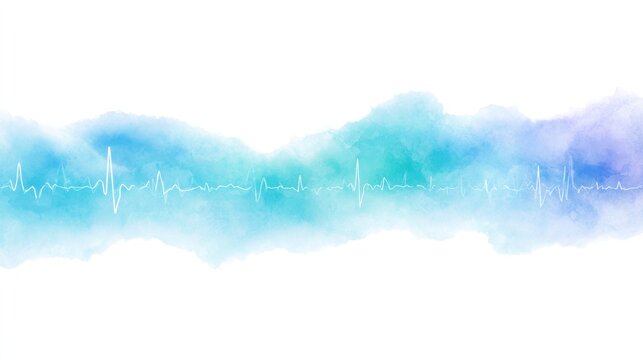 Abstract Pulse of Life: A delicate watercolor blend of blues and purples creates a serene backdrop for a white electrocardiogram line, symbolizing health and vitality.