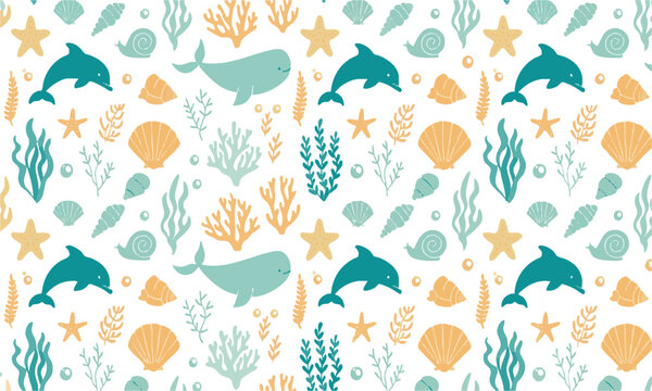 Friendly Dolphin And Whale Ocean Seamless Pattern.