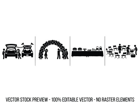 Vector illustration of set of icons representing various outdoor party and event activities