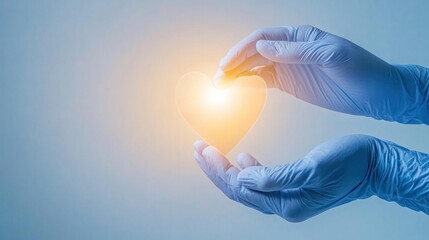 Fototapeta premium Medical Care and Hope: Gloved hands gently hold a glowing heart, symbolizing care, compassion, and the hope found in medical healing and support. A beacon of light against a soft blue background.