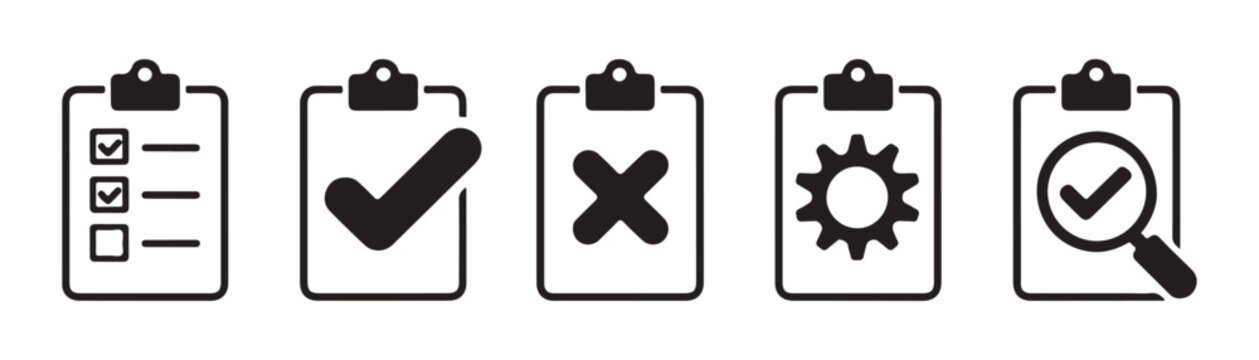 Clipboard icons with checklist checkmark cross gear and magnifying glass for tasks.