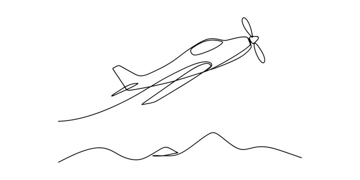 Continuous single line drawing of a small airplane flying over mountains and hills representing travel adventure and aviation transportation concept art Vector, illustration