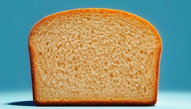 Freshly baked white bread slice with golden crust against bright blue background.