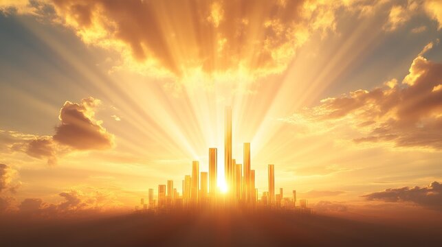 Celestial Metropolis: The radiant sun bursts through a dramatic sky of golden clouds, illuminating a futuristic cityscape. The sunlight streams down.