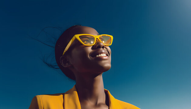 Retrato de perfil de mujer sonriente con gafas amarillas bajo un cielo azul limpio