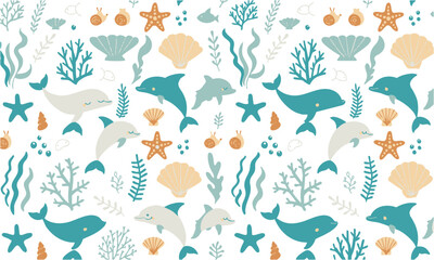 Obraz premium Whales Dolphins And Starfish Seamless Design.