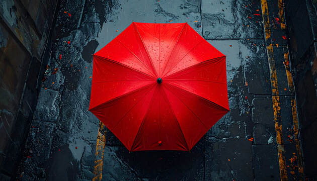 Red Umbrella on Rainy Street