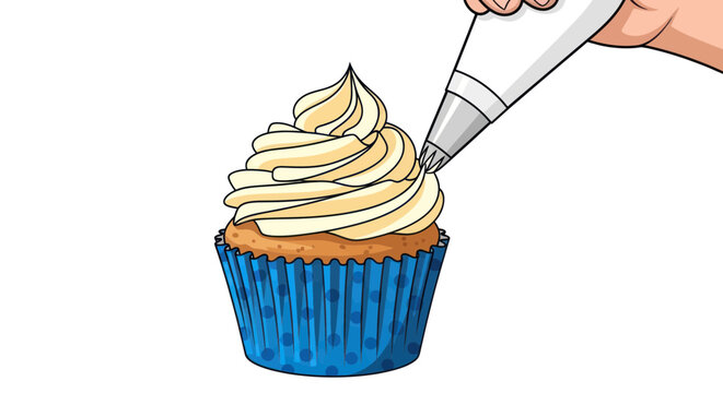 Baker hand decorating cupcake with swirls of cream frosting