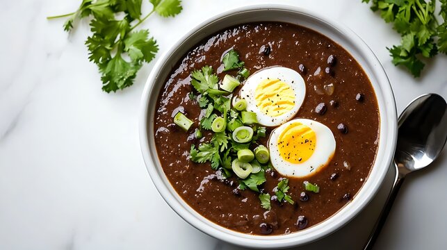 A minimalist white ceramic bowl with sopa negra, smooth, velvety deep dark brown black bean soup, decorated with a swirl of fresh white cream in the center