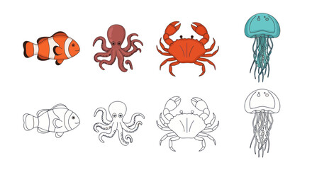 Marine animal set with clownfish octopus crab and jellyfish © hari