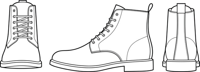 Fashion technical sketch of classic leather boots showing front side and back view vectors for footwear design © MdAminur
