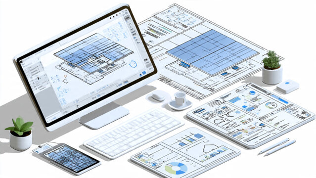 Modern digital workspace with computer monitor tablet smartphone and architectural blueprints in workspace scene