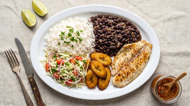 An oval white ceramic platter visually divided into sections with casado, fluffy white rice, cooked black beans, fresh cabbage and tomato salad, golden fried ripe plantain slices