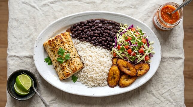 An oval white ceramic platter visually divided into sections with casado, fluffy white rice, cooked black beans, fresh cabbage and tomato salad, golden fried ripe plantain slices