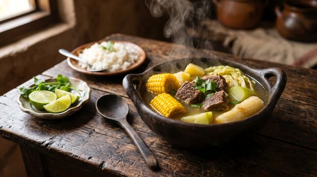 A steaming rustic deep clay bowl of olla de carne, clear golden broth with generous chunks of tender beef, potato