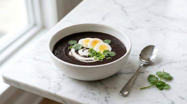 A minimalist white ceramic bowl with sopa negra, smooth, velvety deep dark brown black bean soup, decorated with a swirl of fresh white cream in the center