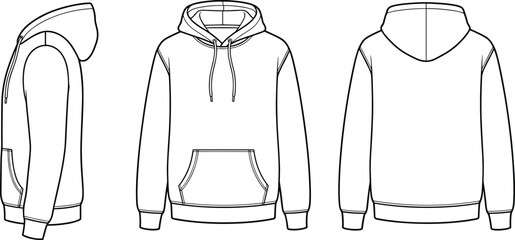 Blank white hoodie technical sketch mockup showing front, back, and side views for fashion design template © MdAminur